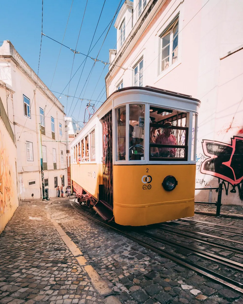 A yellow tram in Lisbon